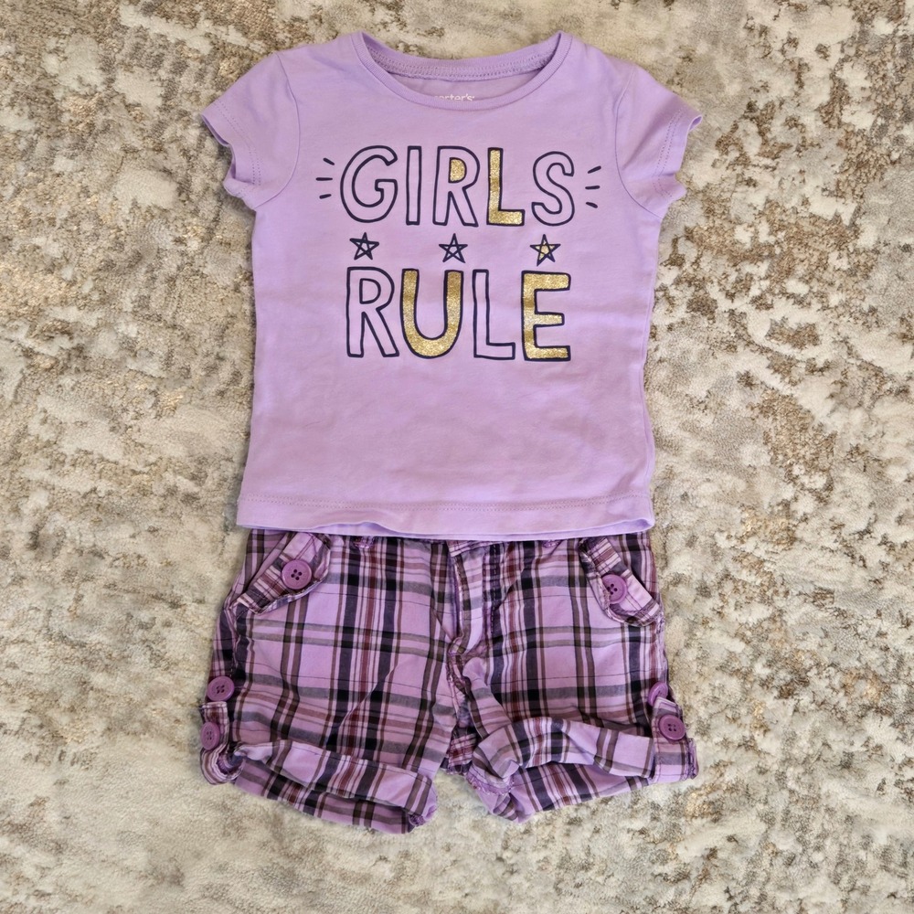 Carters Girls Rule Purple Shirt & Childrens Place Plaid Shorts Set 9-12 Months